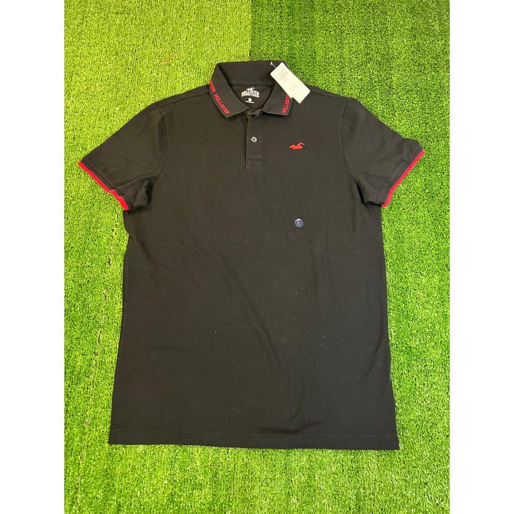 NWT Hollister Mens Advanced Stretch Polo Shirt Black Red Logo Embroidered Large